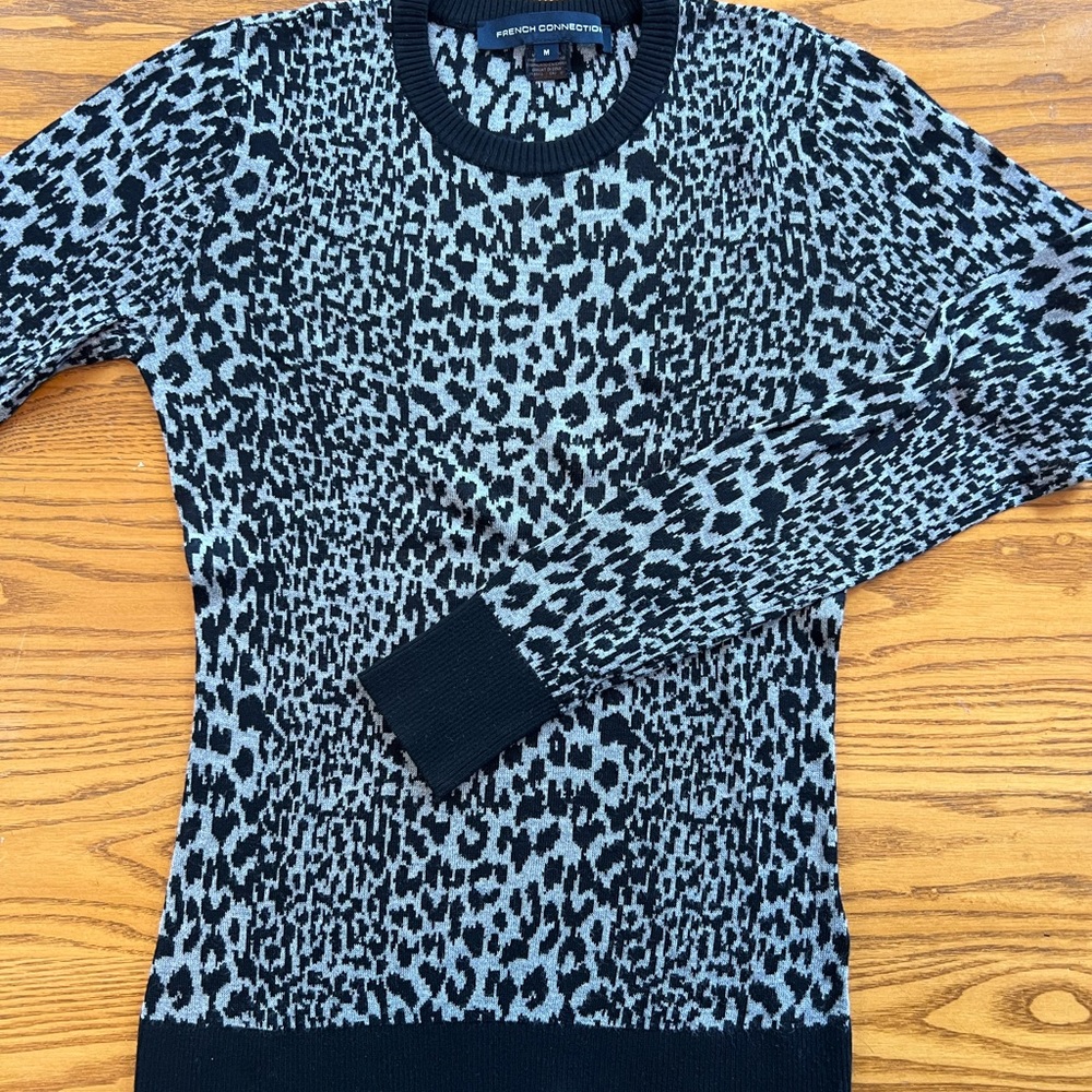 French Connection Black and Gray Animal Print Crew Neck Sweater